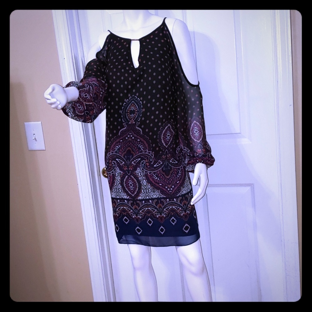 Plus size Paisley cold shoulder sheer lined dress